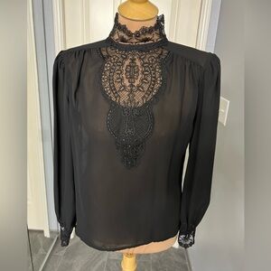 Vintage Jamboree New York Black Semi Sheer Lace Mock Neck Blouse